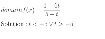 The domain of f(x)=(1-6t)/(5+t) is t<-5\lor t>-5